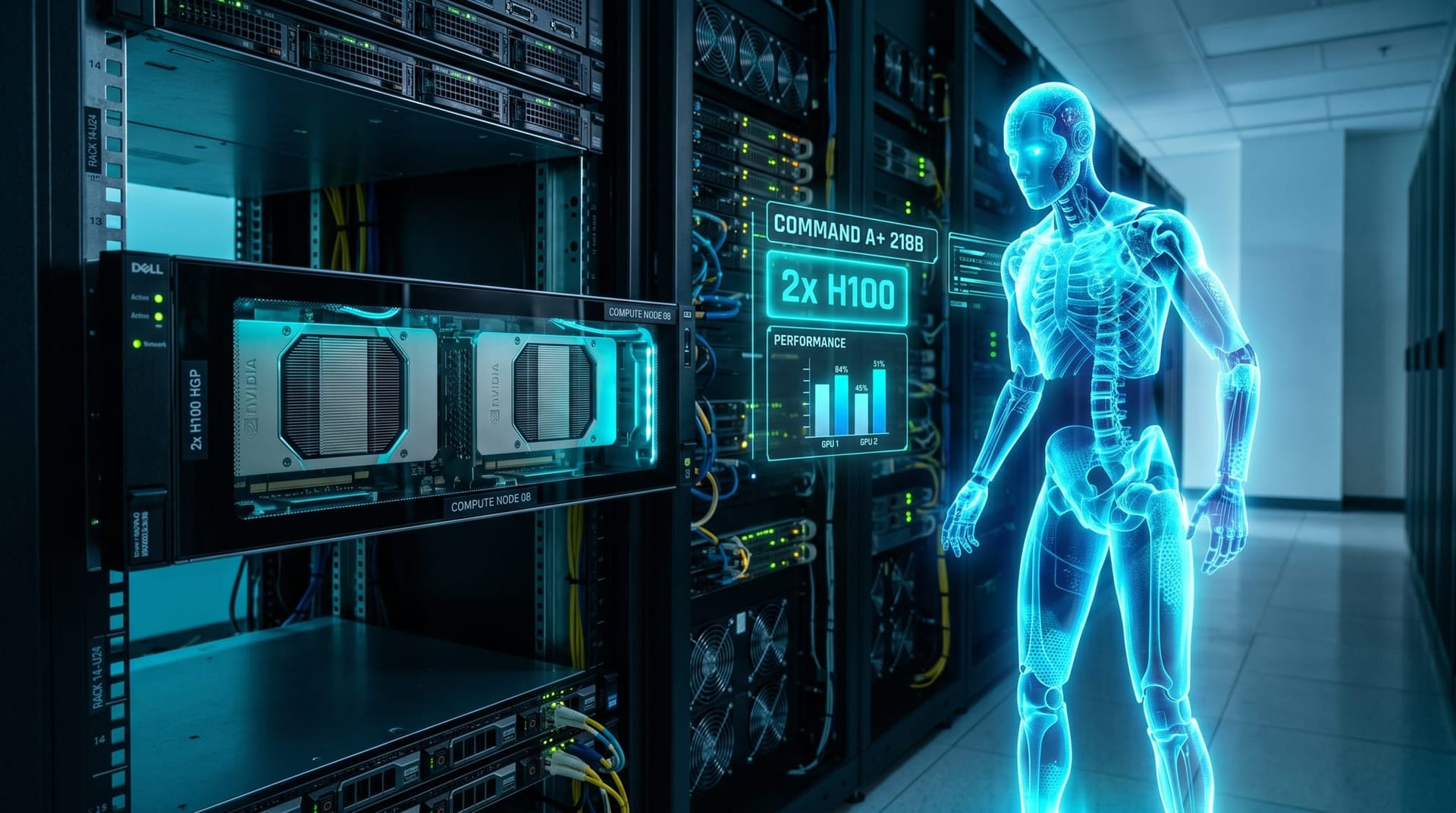 A two-GPU server in a clean datacenter rack with a translucent cyan holographic AI figure beside it showing a 218B parameter sparse mixture-of-experts model