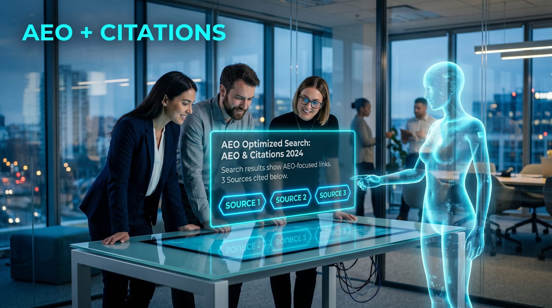 Diverse business team examines a holographic answer engine result with native citation links glowing in cyan beside an AI Employee avatar