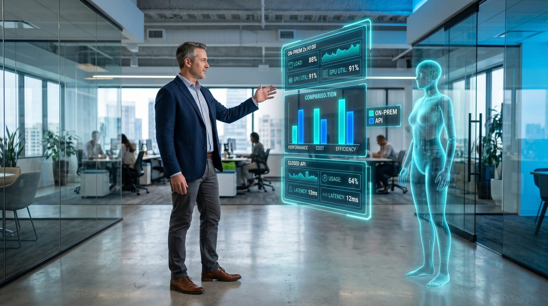 Mid-market IT director gestures toward floating cost dashboard comparing two H100 server deployment to a closed AI API subscription model