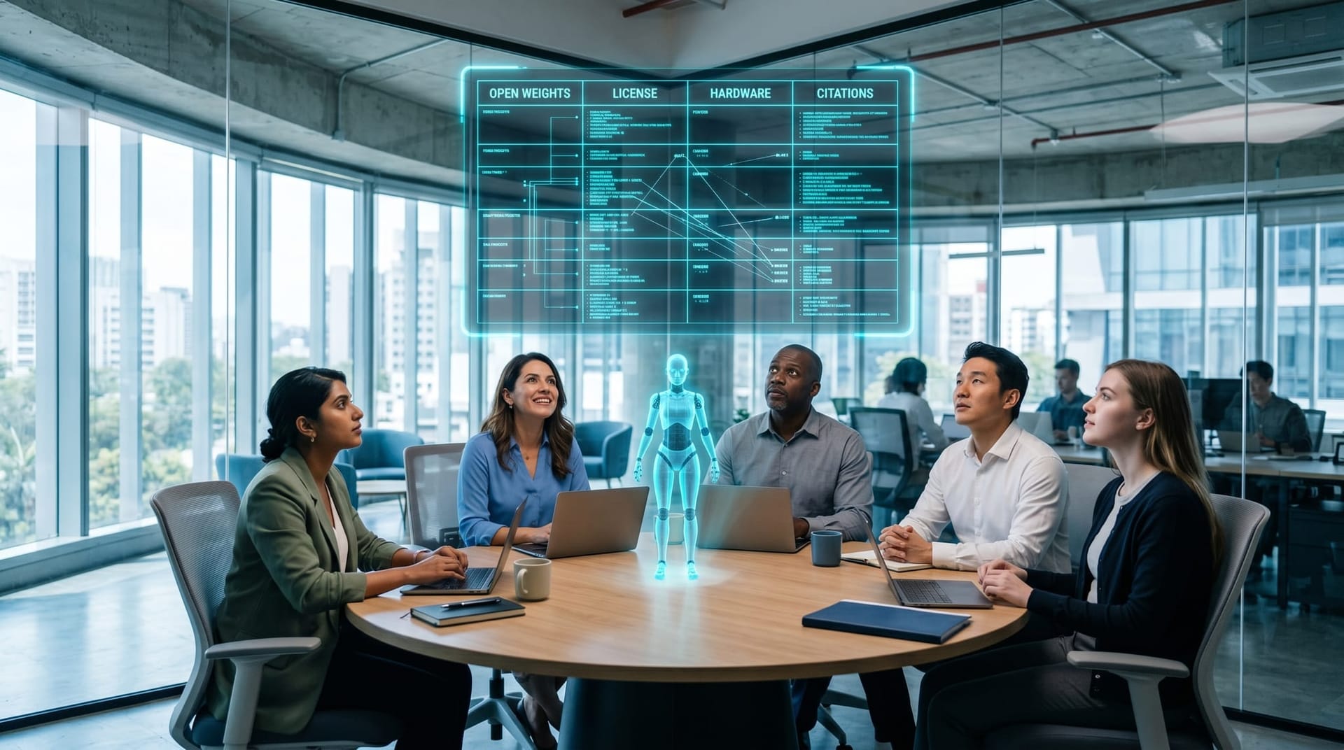 Five colleagues collaborate around a holographic comparison matrix of open weight and closed weight AI models with a holographic AI avatar at the center