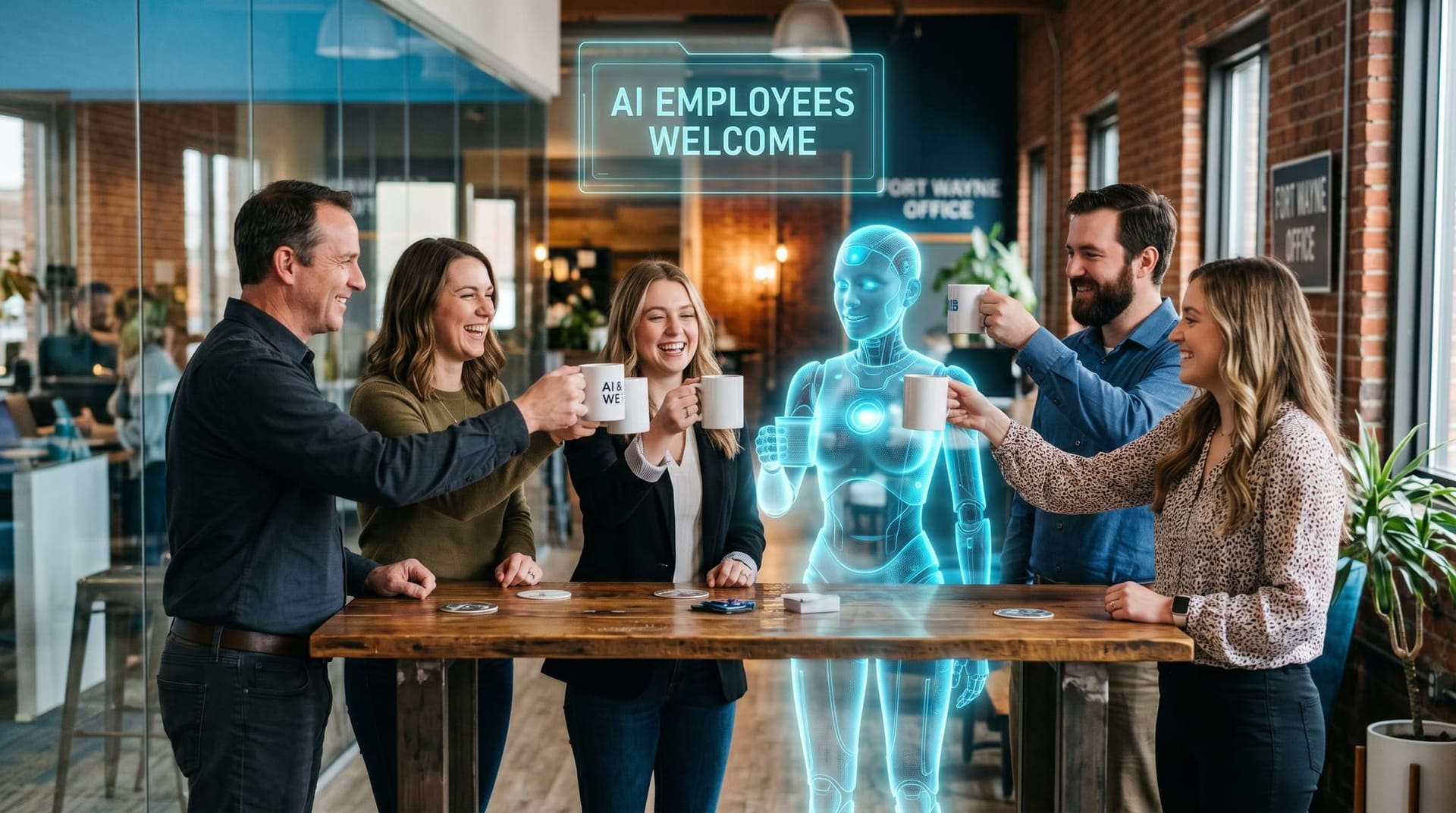 Fort Wayne mid-market team toasts a successful AI procurement decision with a translucent holographic AI Employee avatar joining the celebration