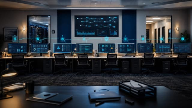 An empty modern IT operations workspace with eight illuminated desk stations arranged in a row, each set up for an audit checklist review of an AI agent surface.