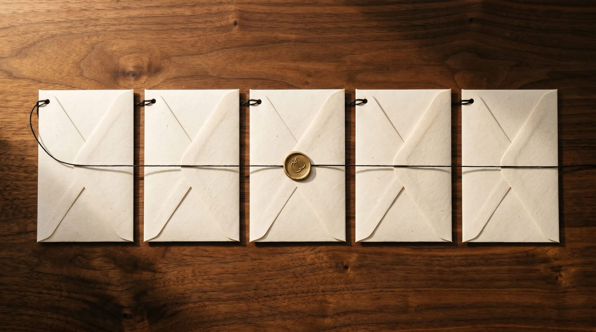 An overhead flat-lay of five sealed envelopes connected by thin black thread across a wooden surface, evoking a chain of delegated requests passing through an AI agent's authority boundary.
