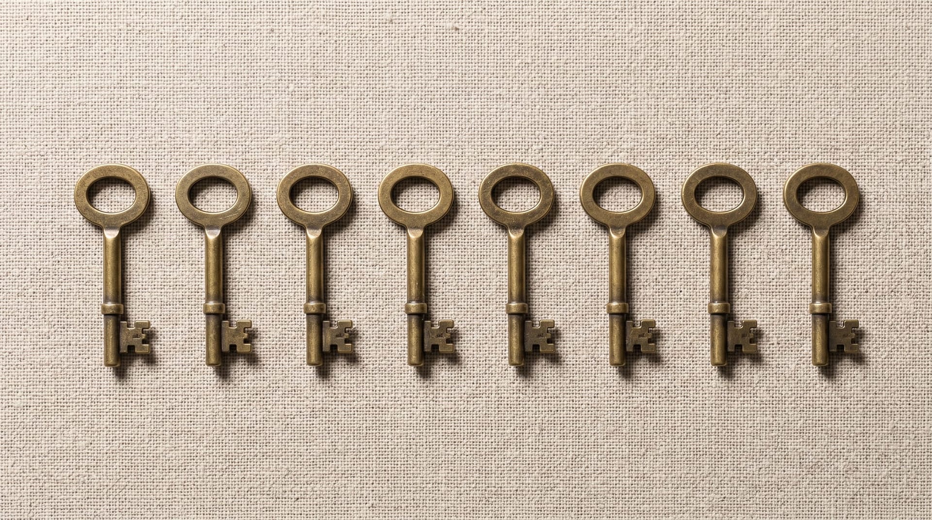 Eight evenly-spaced small brushed-brass keys laid in a row on a clean linen cloth, representing the eight independent rows of a confused-deputy AI agent audit matrix.