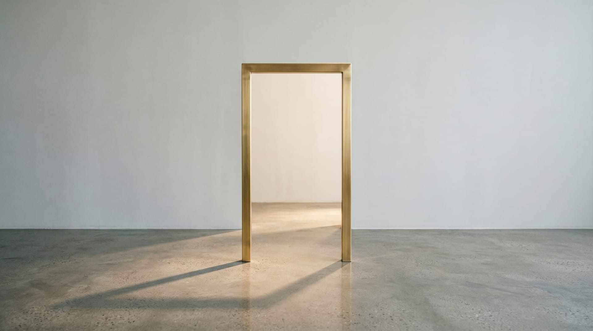 A single narrow brushed-brass archway gate standing on a polished concrete floor with diffuse light passing through, representing the Cloud Radix Secure AI Gateway as a single chokepoint.