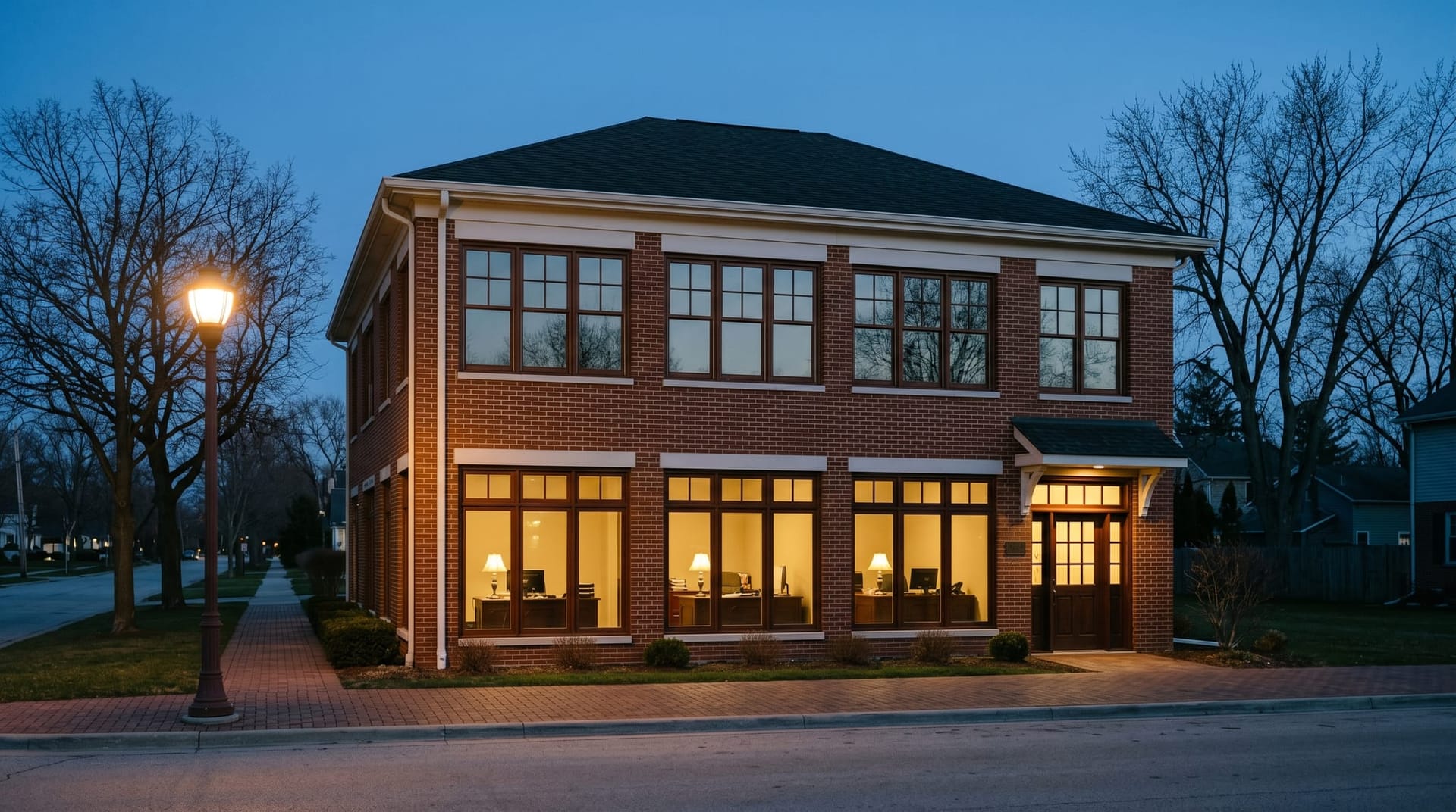 A small midwestern professional-services office at dusk with three lit workstations visible through tall front windows, conveying a 75-seat Allen County firm running its quarterly AI agent audit.
