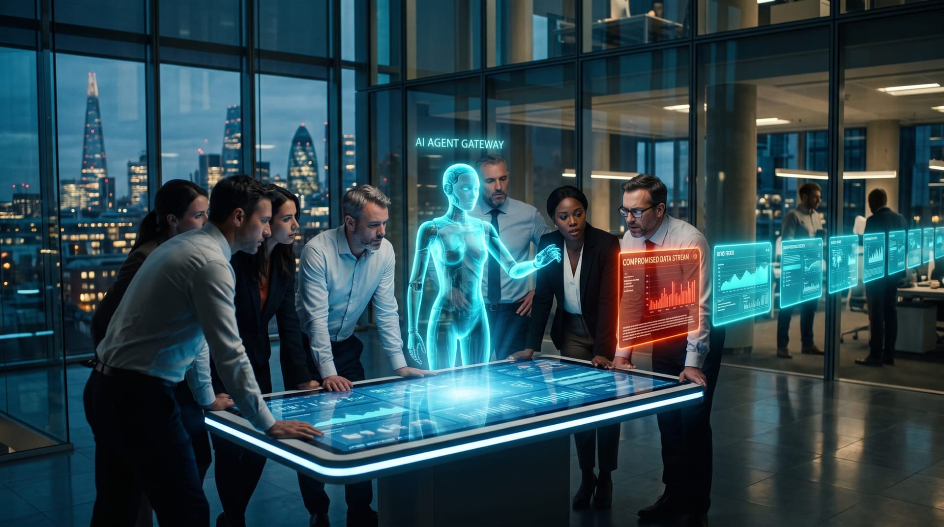 Business team in a glass-walled office watching a holographic AI agent intercept a poisoned alert streaming in from connected monitoring tools