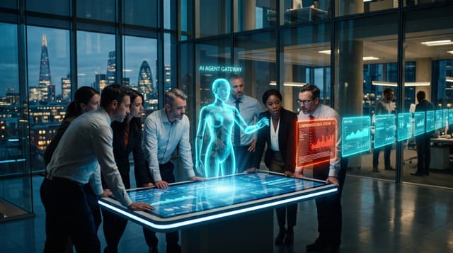 Business team in a glass-walled office watching a holographic AI agent intercept a poisoned alert streaming in from connected monitoring tools