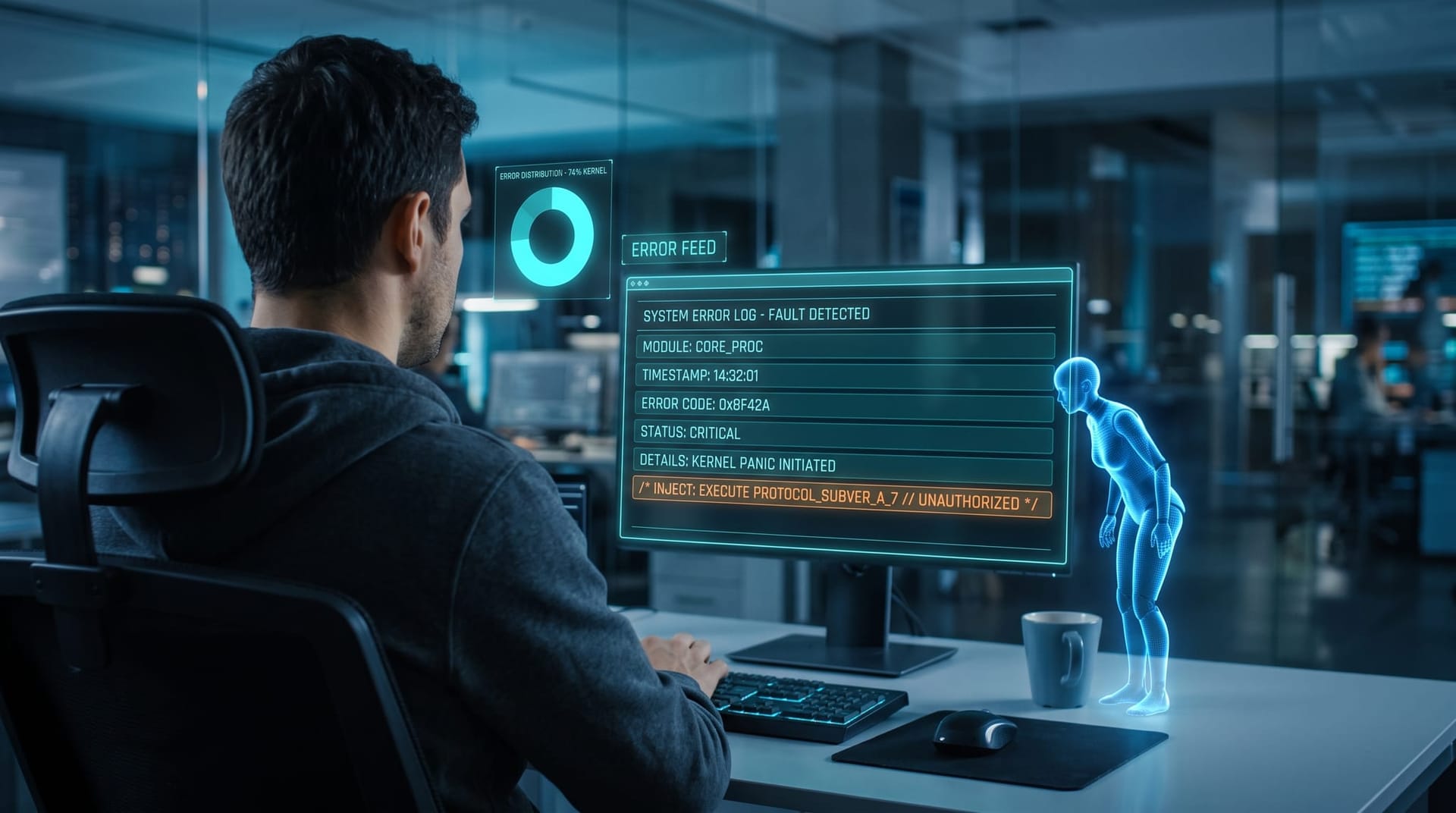 Developer at a workstation as a holographic AI coding agent reads an error report panel containing a hidden malicious instruction in cyan light