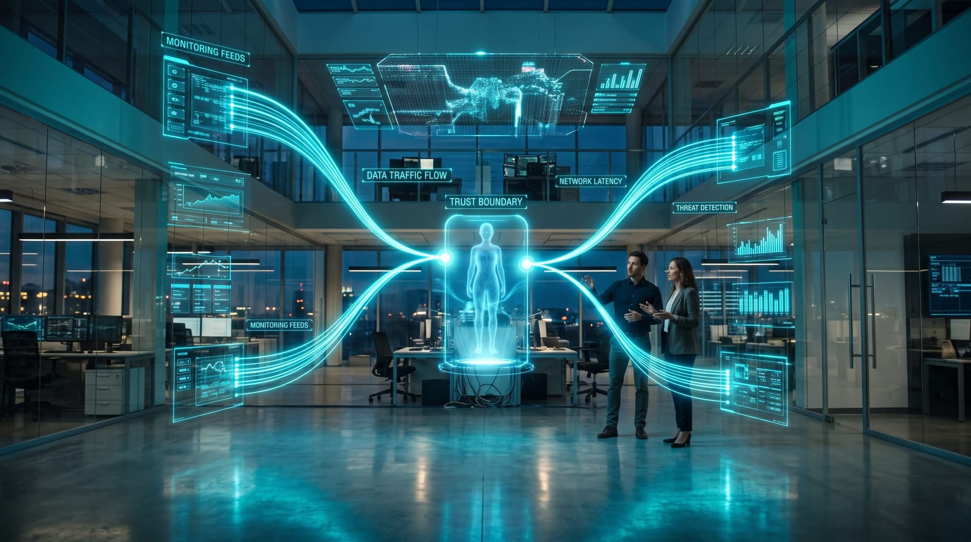 Holographic dashboard showing several connected monitoring tool feeds converging into one AI agent node in cool cyan and teal light