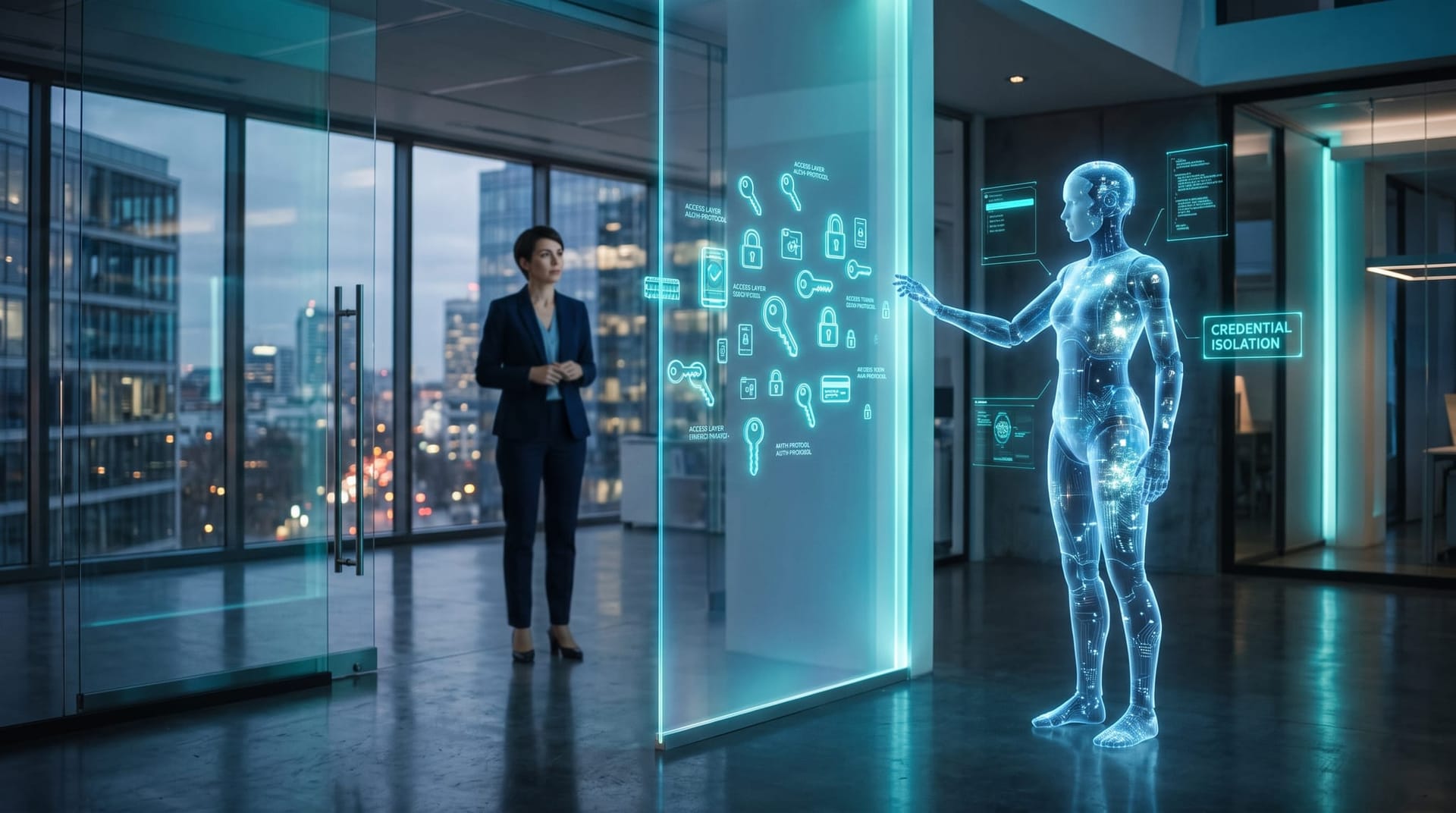 Holographic vault of glowing credential icons protected behind a translucent cyan barrier as an AI humanoid figure stands guard