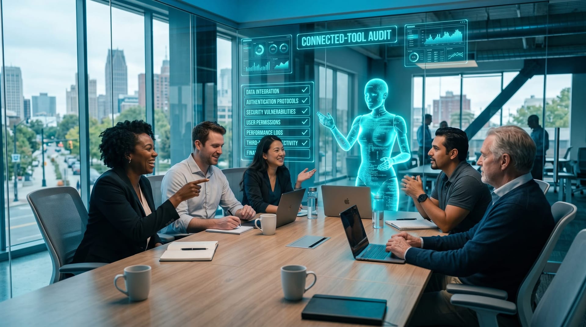 Northeast Indiana business team in a glass conference room reviewing a holographic connected-tool audit checklist with an AI agent avatar