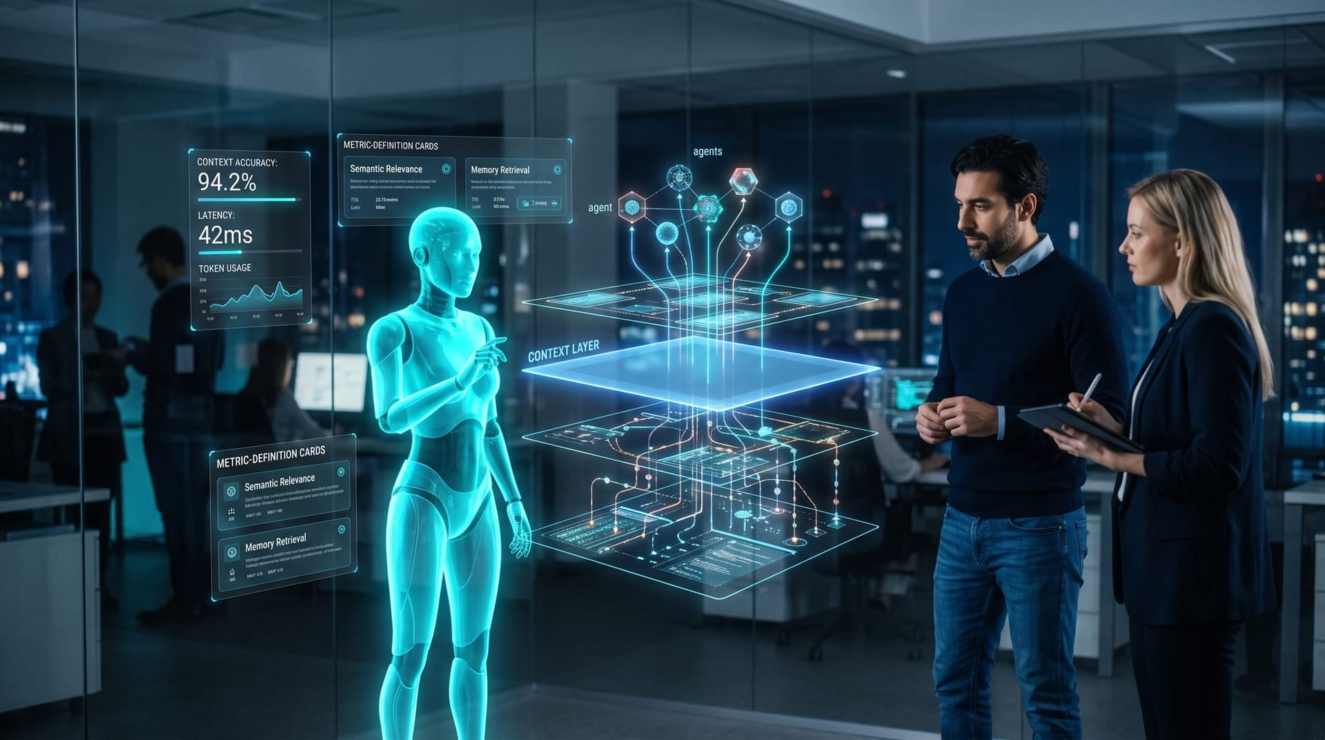 Holographic AI context layer diagram sitting between company data streams and AI agents in a cool-blue enterprise data center visualization