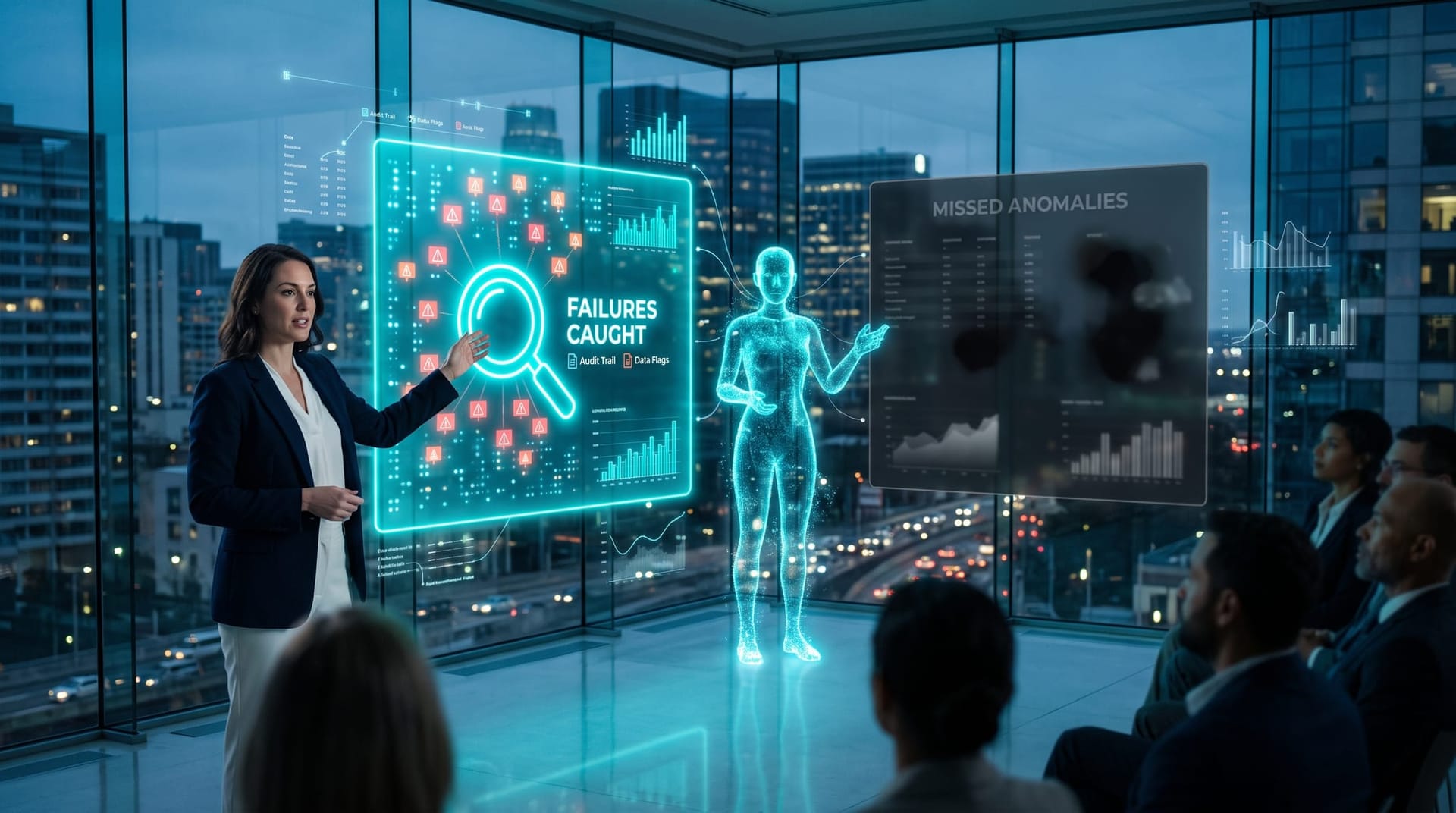 Two side-by-side holographic panels comparing high-visibility caught failures versus hidden AI agent failures in a cool-blue glass office