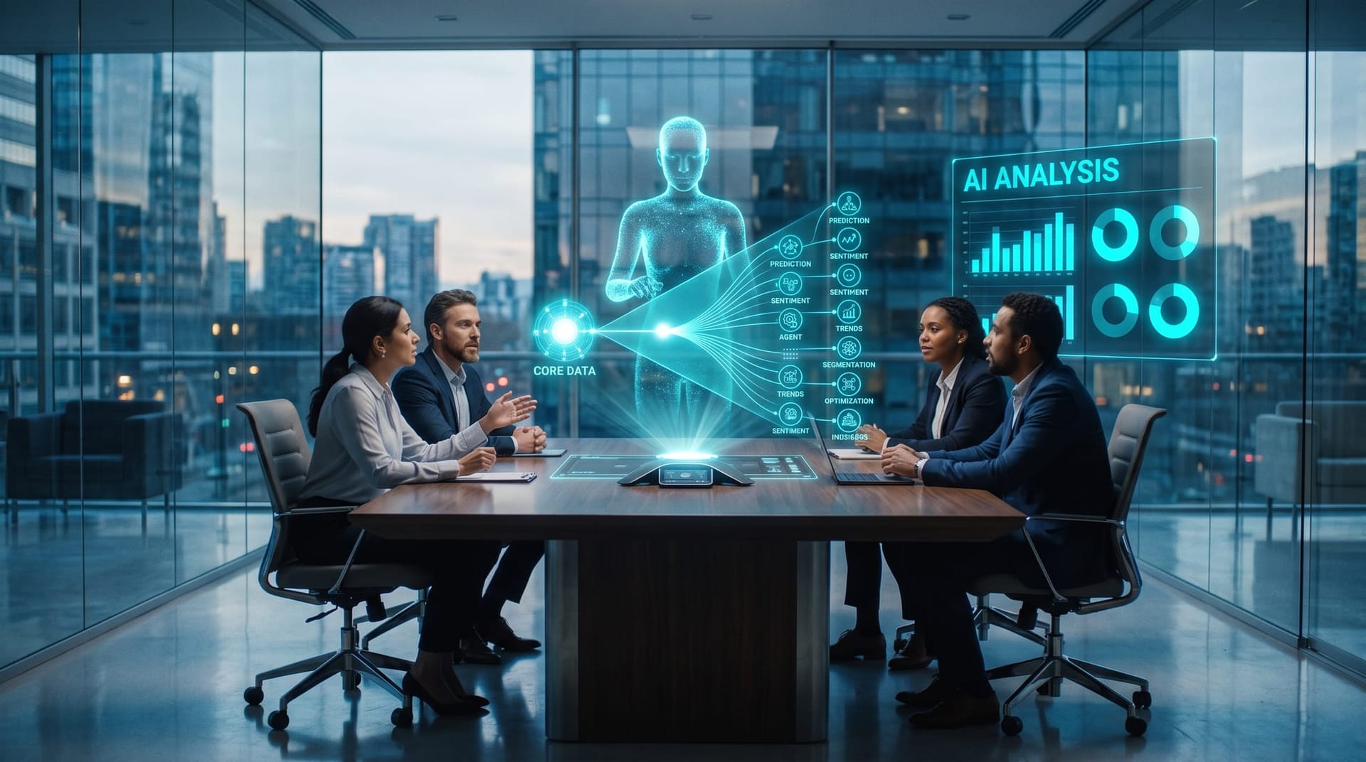 Holographic amplifier visualization showing a single data input fanning out to many AI agents in a modern glass office boardroom