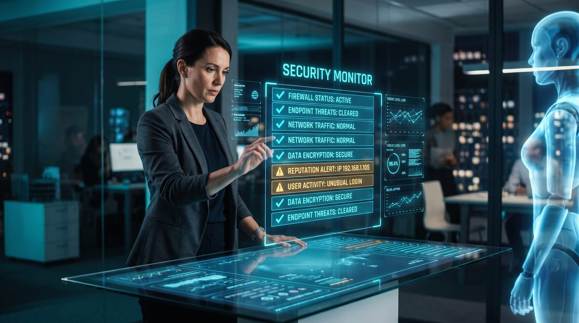Business buyer reviewing a holographic vendor evaluation checklist for AI context layer procurement with green and red flag panels