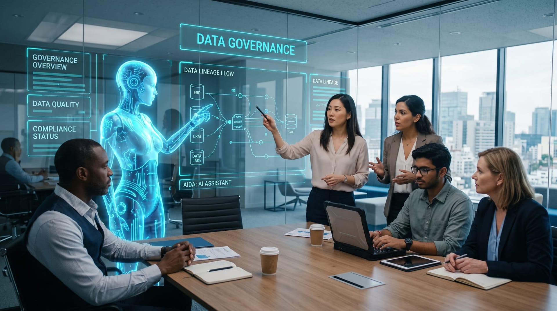 Northeast Indiana mid-market business owners reviewing an AI data governance dashboard with a holographic AI employee in a Midwest office