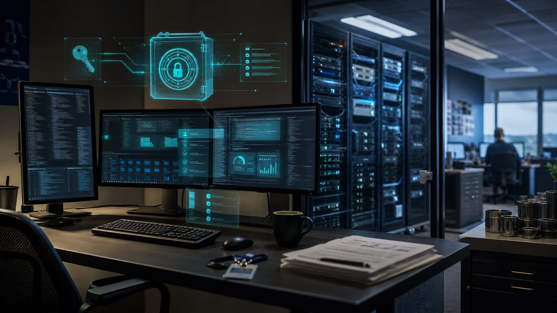Developer workstation with multiple monitors showing IAM credential vaults, audit logs, and AI coding agent activity dashboards in a quiet office