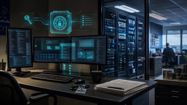 Developer workstation with multiple monitors showing IAM credential vaults, audit logs, and AI coding agent activity dashboards in a quiet office