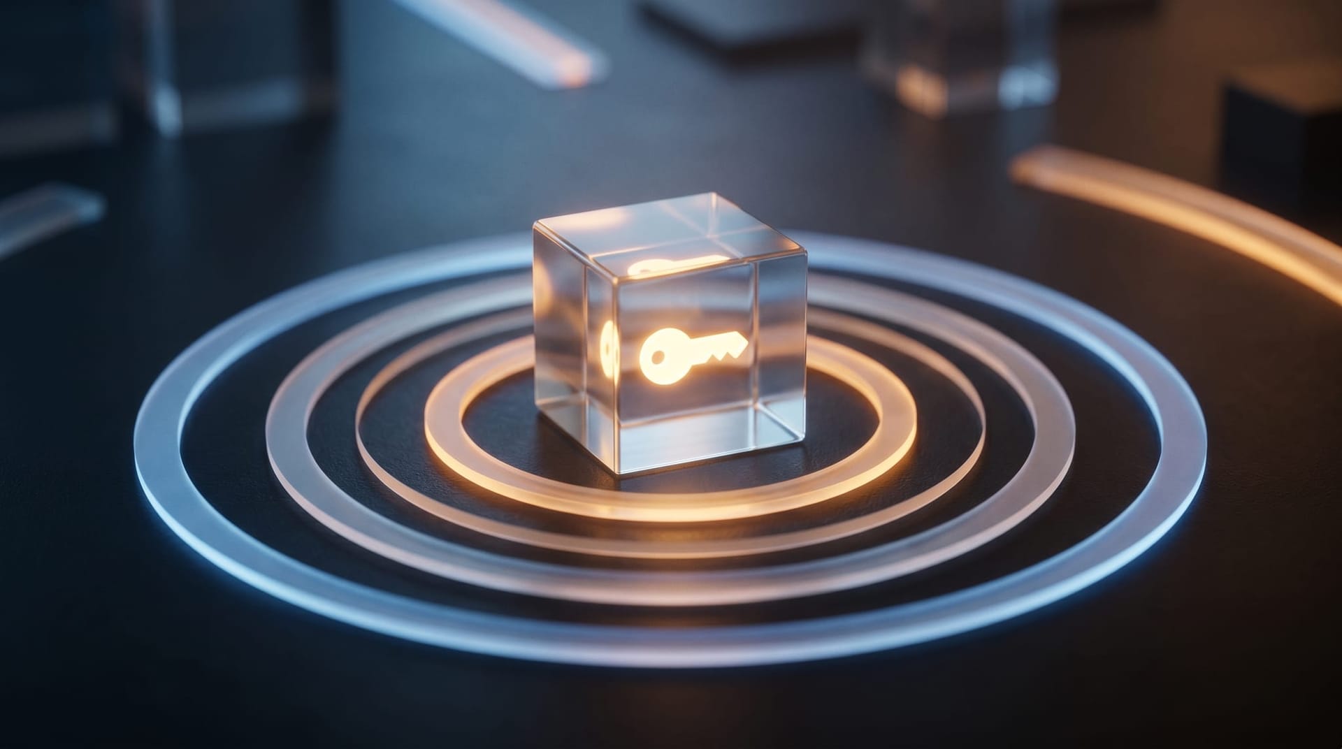 Abstract layered visualization of an AI coding agent identity perimeter with credential rings glowing around a central token vault on a dark surface