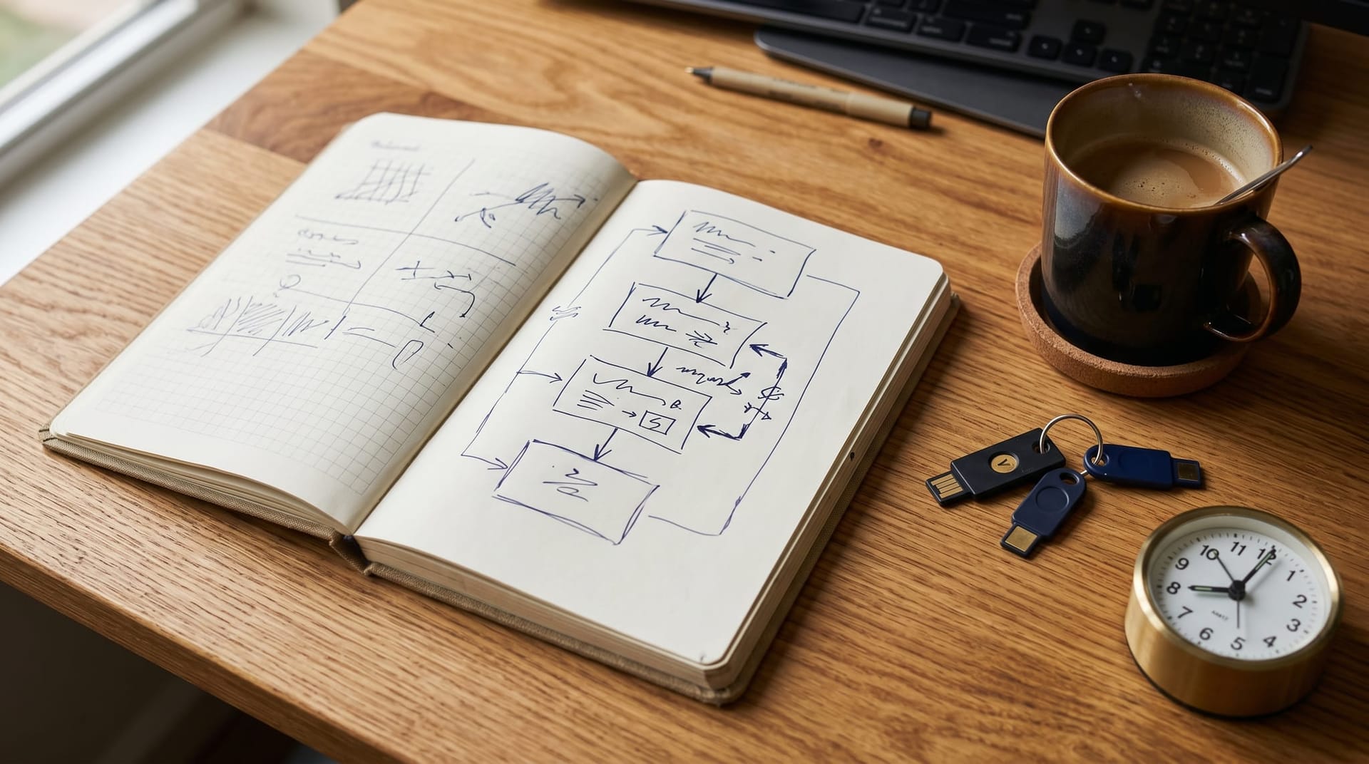 Conceptual desk diagram showing the four IAM patterns for AI coding agents drawn as a flow on a notebook with security tokens beside it