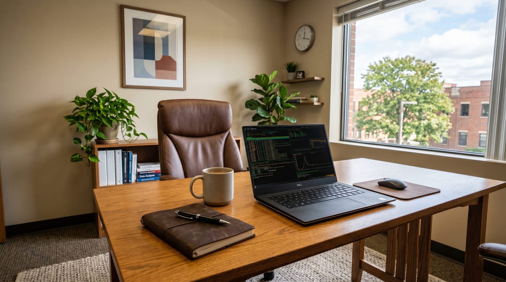 Quiet professional office in Fort Wayne with a developer laptop showing AI coding agent terminal on the screen and a notebook with audit checklist beside it