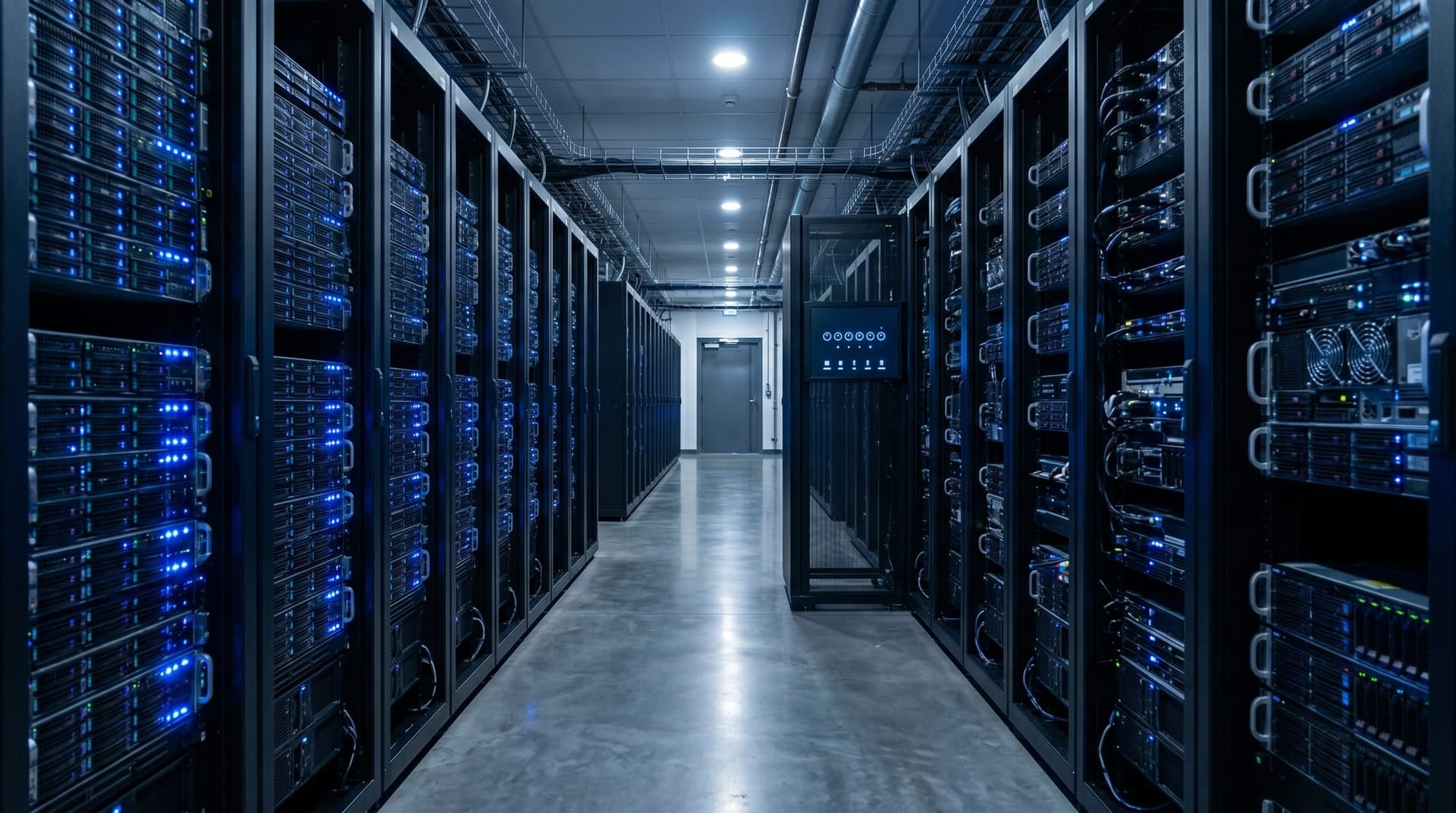 Secure server-room aisle with two cool-toned racks of equipment and an indicator panel showing healthy short-lived token rotation status