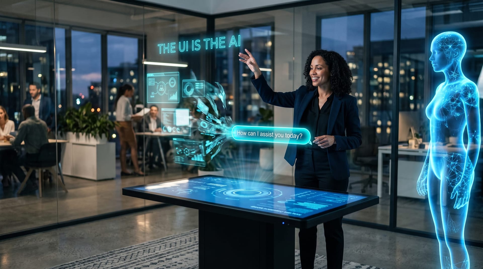 Presenter demonstrating a disappearing CRM interface as floating cyan panels dissolve into a conversational AI prompt in a futuristic office setting