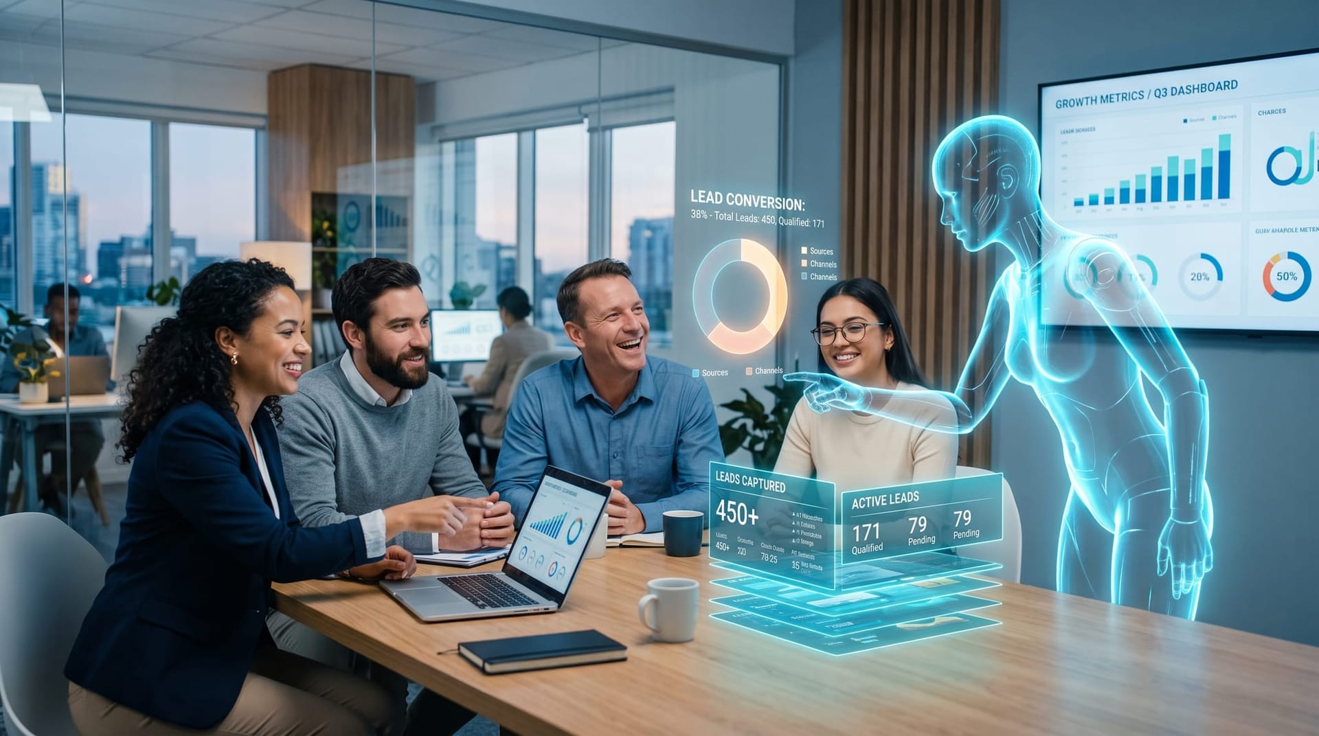 Small mid-market business team collaborating around a screen as a cyan holographic AI Employee logs and follows up on new customer leads