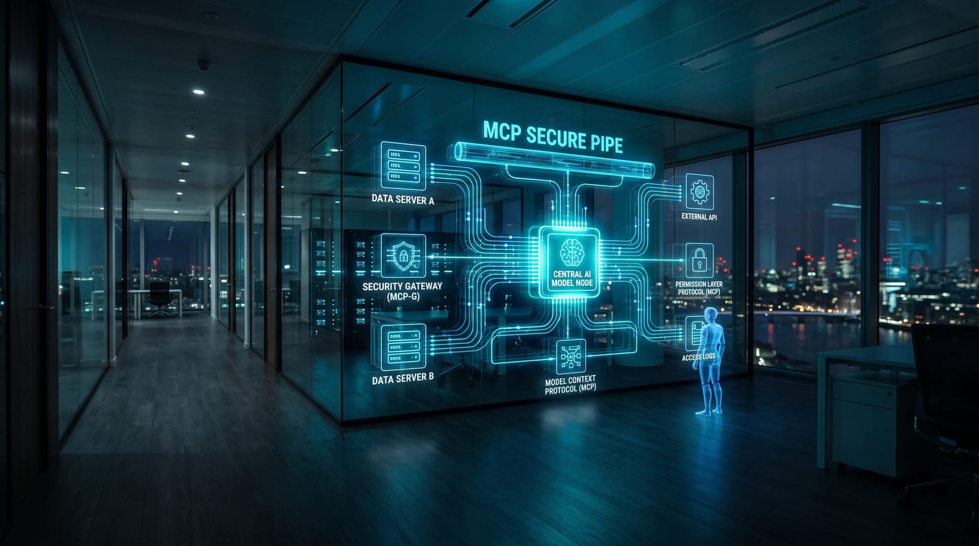 Abstract cyan holographic diagram showing an AI model connected to CRM data servers through MCP connectors floating in a dark modern office