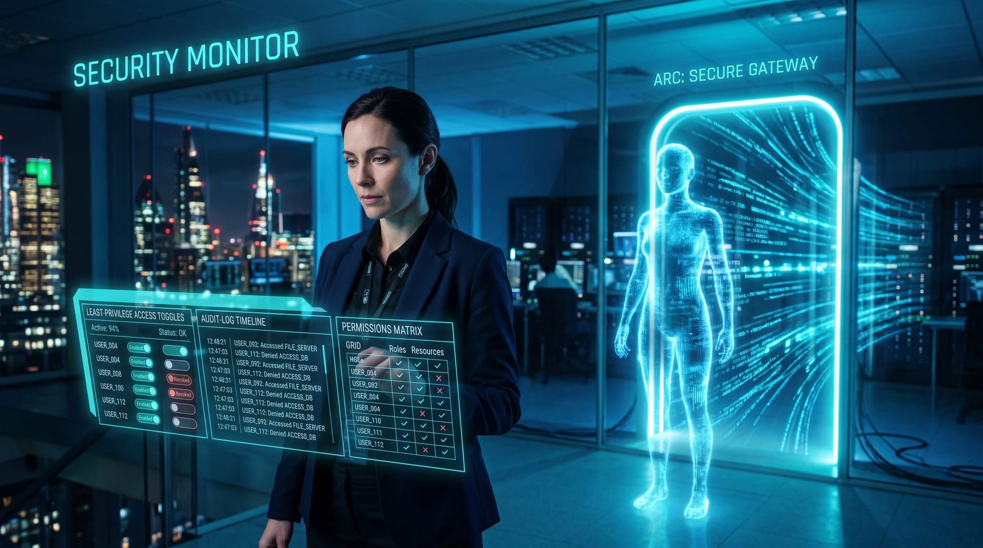 IT decision-maker reviewing a cyan holographic access-control and audit dashboard governing customer data flowing into an AI model