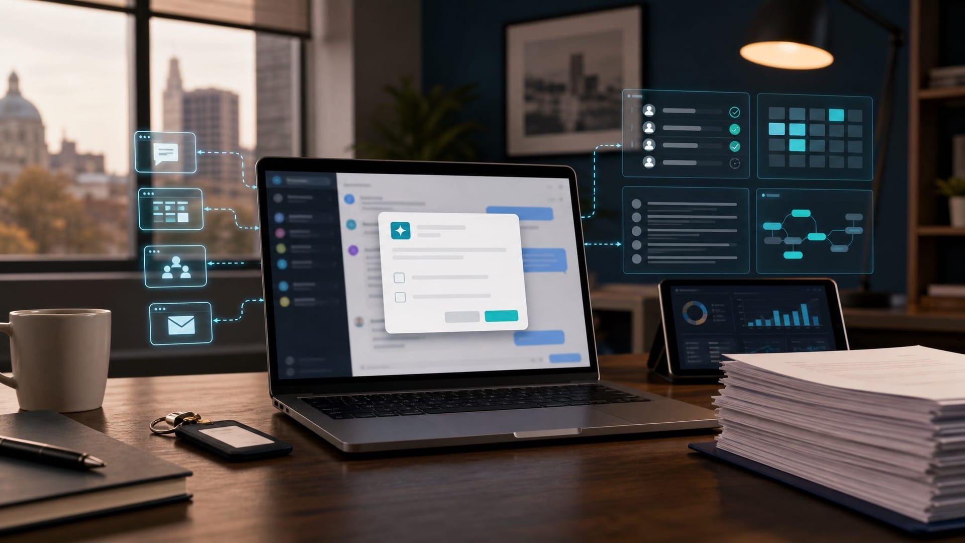 Laptop on a quiet desk showing a blurred messaging app thread with an inline approval prompt card, representing AI agents sending policy approval dialogs to Slack and Teams in 2026.