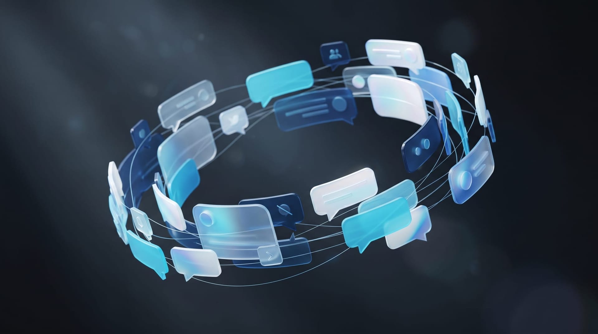 Abstract layered illustration of speech-bubble and notification-card shapes floating in a soft blue studio space, representing approval dialogs native to messaging apps across a standardized agent runtime.