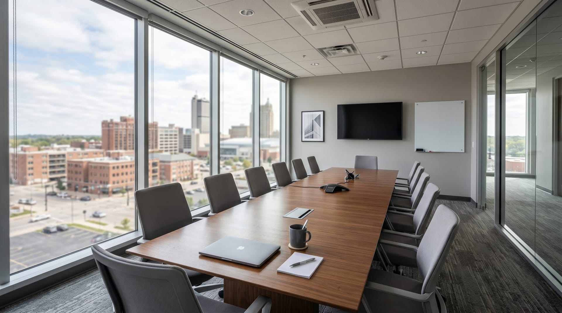 Empty modern conference room in a downtown Fort Wayne office building at mid-morning with soft natural light, laptop and coffee on the table, representing Northeast Indiana businesses designing AI agent approval policies.