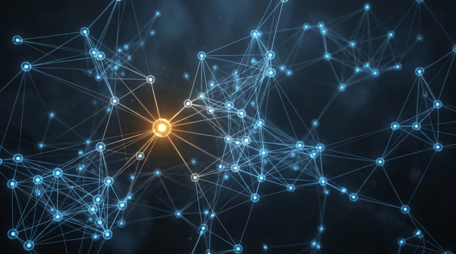 Abstract network of interconnected glowing nodes with one central node highlighted and marked as a human decision point, representing multi-agent coordination with humans retained on blast-radius decisions.
