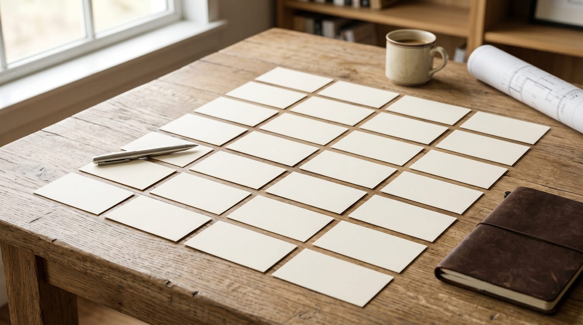Close-up of an architect's table with a neat grid of blank index cards laid out in rows and columns, representing a written AI agent approval policy matrix for a business.