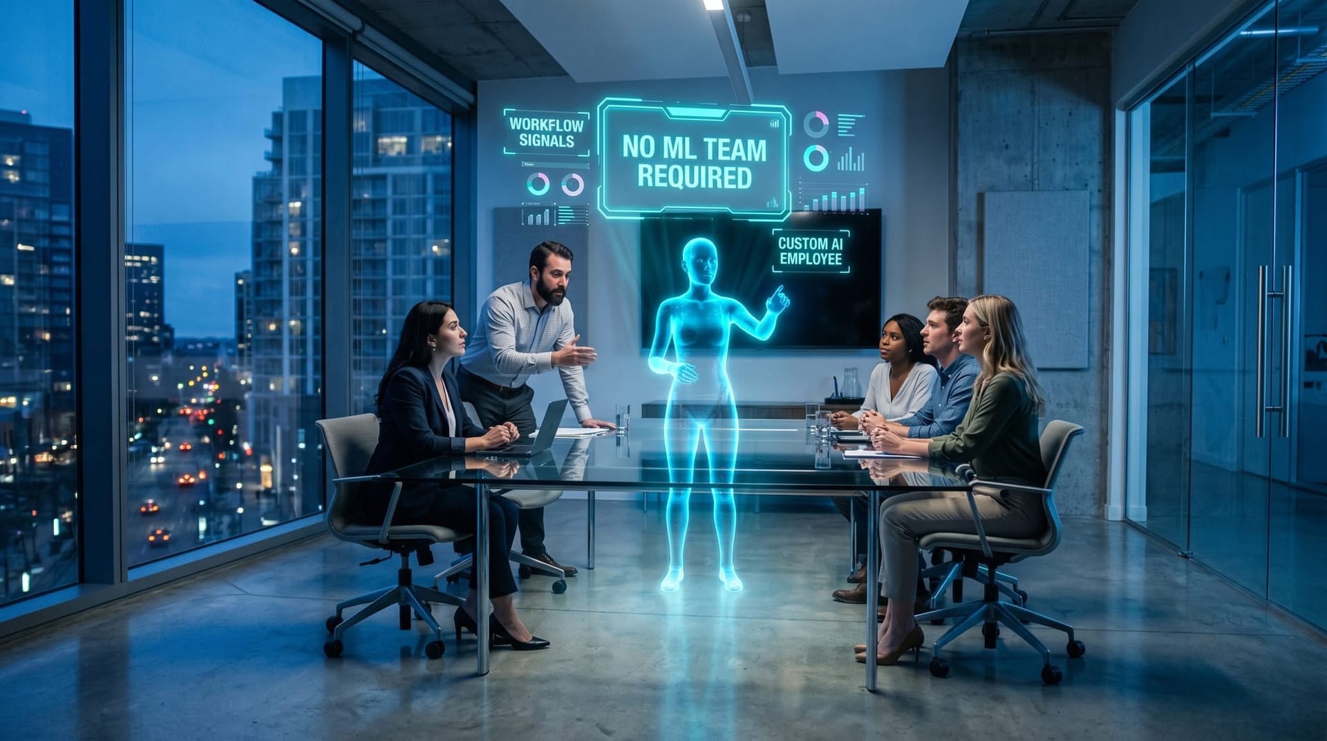 A diverse mid-market business team gathered around a glass conference table with a translucent cyan holographic AI Employee avatar gesturing toward floating dashboards of production workflow training data.