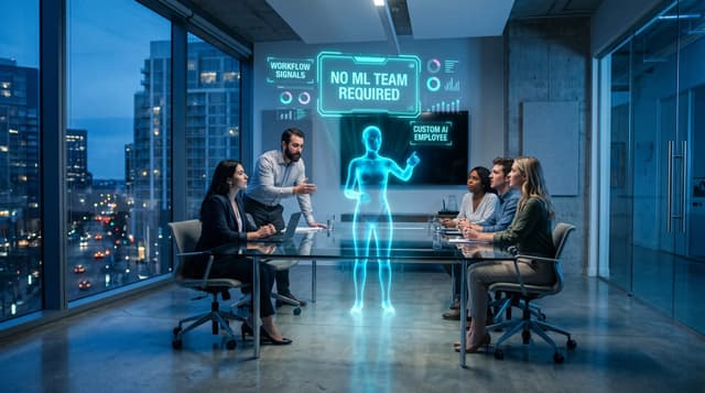 A diverse mid-market business team gathered around a glass conference table with a translucent cyan holographic AI Employee avatar gesturing toward floating dashboards of production workflow training data.