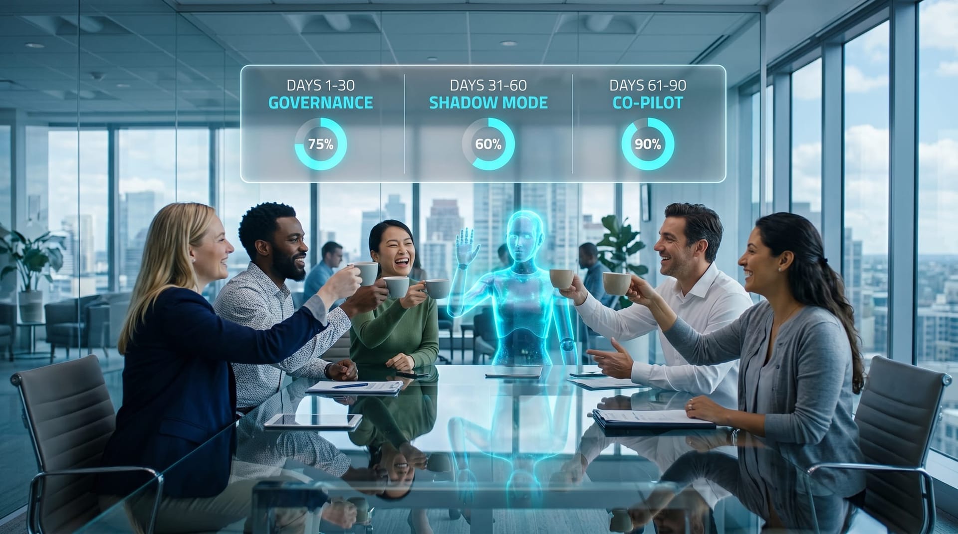 A small mid-market business team toasting coffee cups around a glass conference table with a translucent cyan holographic AI Employee and a floating 90-day pilot timeline panel.