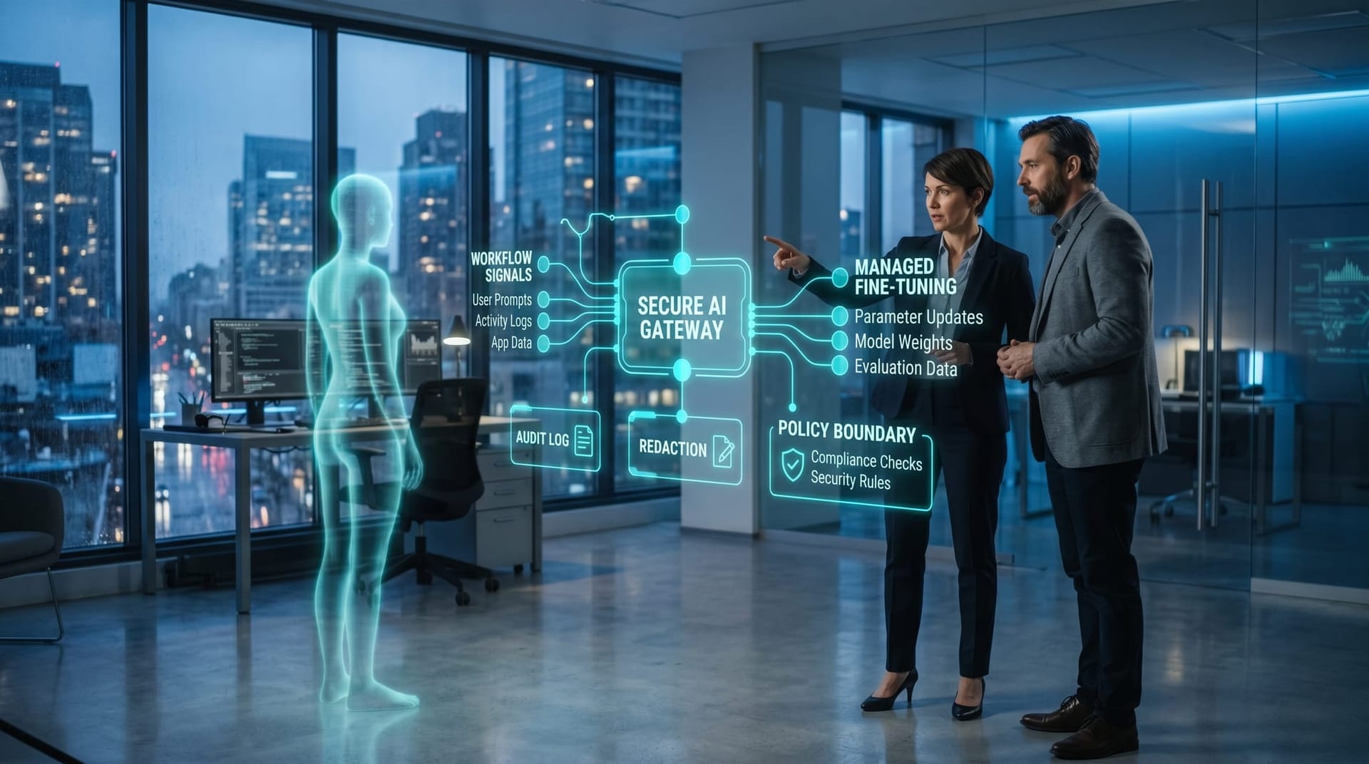 An IT director and compliance officer reviewing a translucent cyan holographic Secure AI Gateway architecture diagram with training data egress controls floating in a glass-walled office.