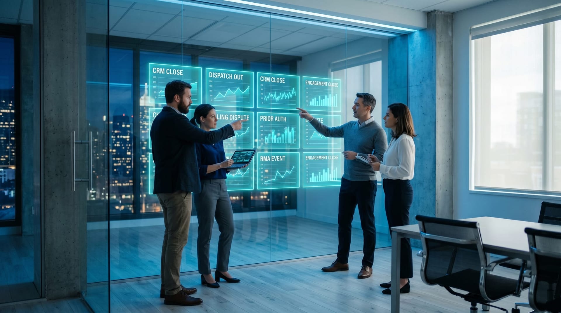 Four colleagues at a glass-walled workshop space pointing at a wall of translucent cyan holographic panels showing workflow signal categories and implicit outcome labels.