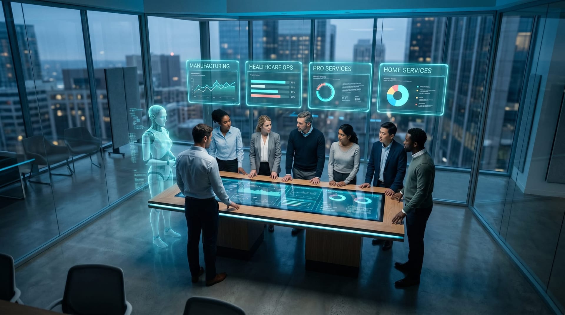 A diverse business team around an interactive table display showing a translucent cyan holographic four-vertical industry adoption map with floating AI Employee dashboards.
