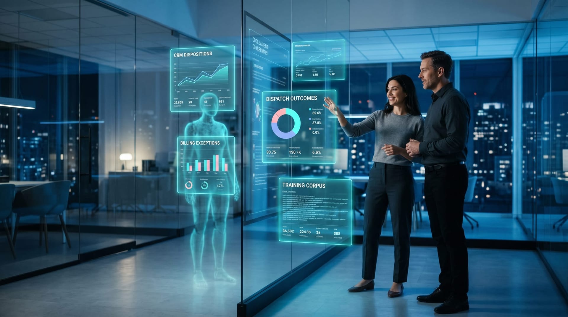 Two colleagues at an interactive screen reviewing a translucent cyan holographic dashboard of CRM, dispatch, and billing workflow streams flowing into a custom AI training corpus.