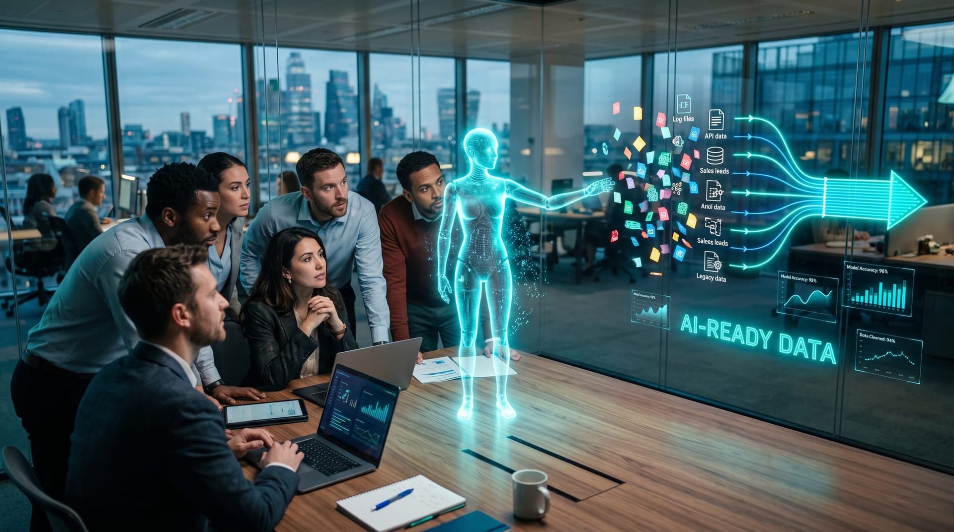 Operations team reviews an AI data-readiness dashboard as a holographic AI employee maps fragmented data sources into clean AI-ready pipelines.