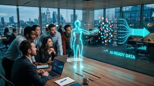 Operations team reviews an AI data-readiness dashboard as a holographic AI employee maps fragmented data sources into clean AI-ready pipelines.