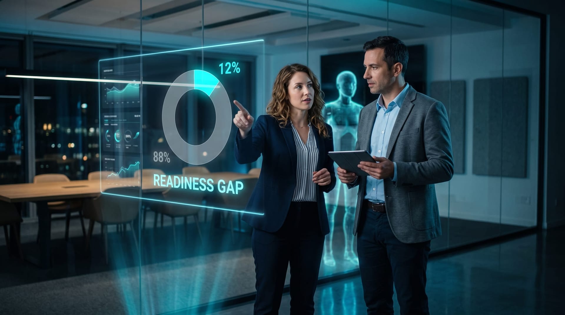 Business leaders study a holographic readiness scorecard showing only seven percent of organizations report data completely ready for AI adoption.
