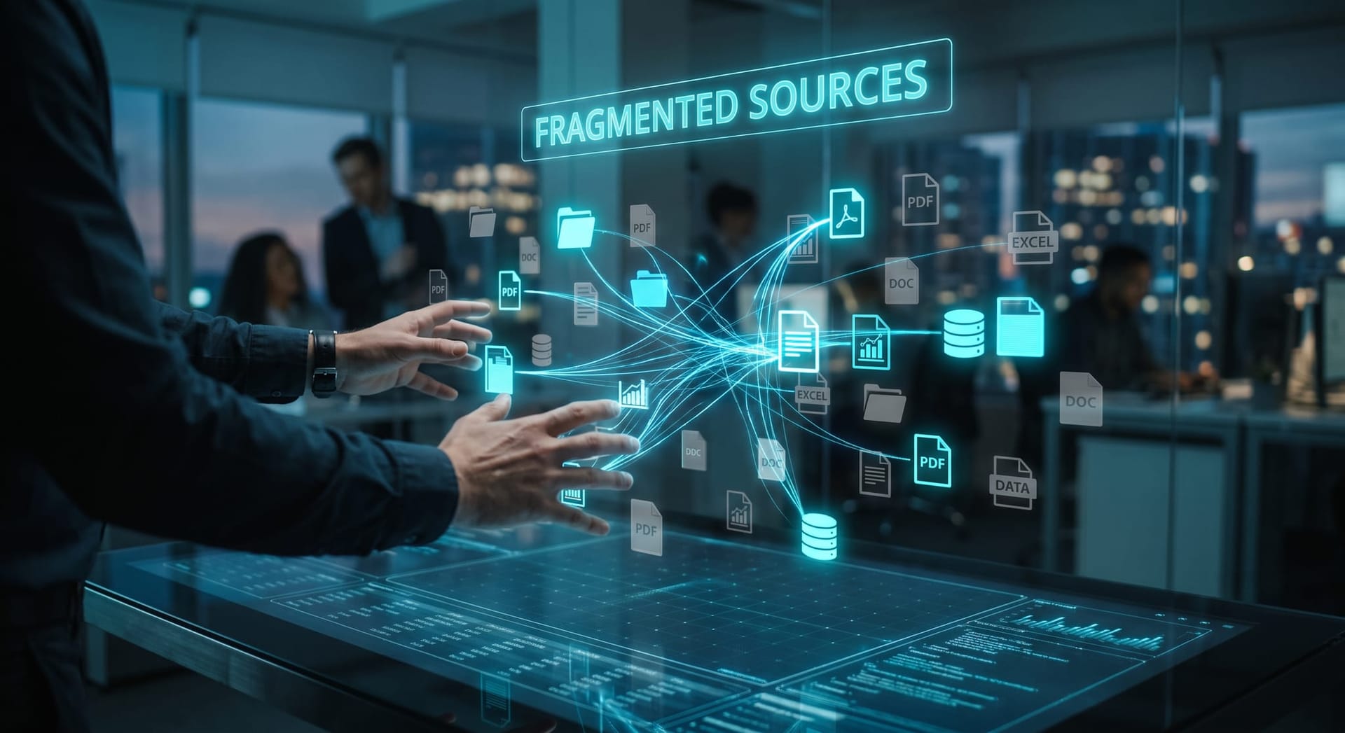Holographic visualization of fragmented data trapped in scanned PDFs and disconnected systems being pulled together for an AI employee to read.