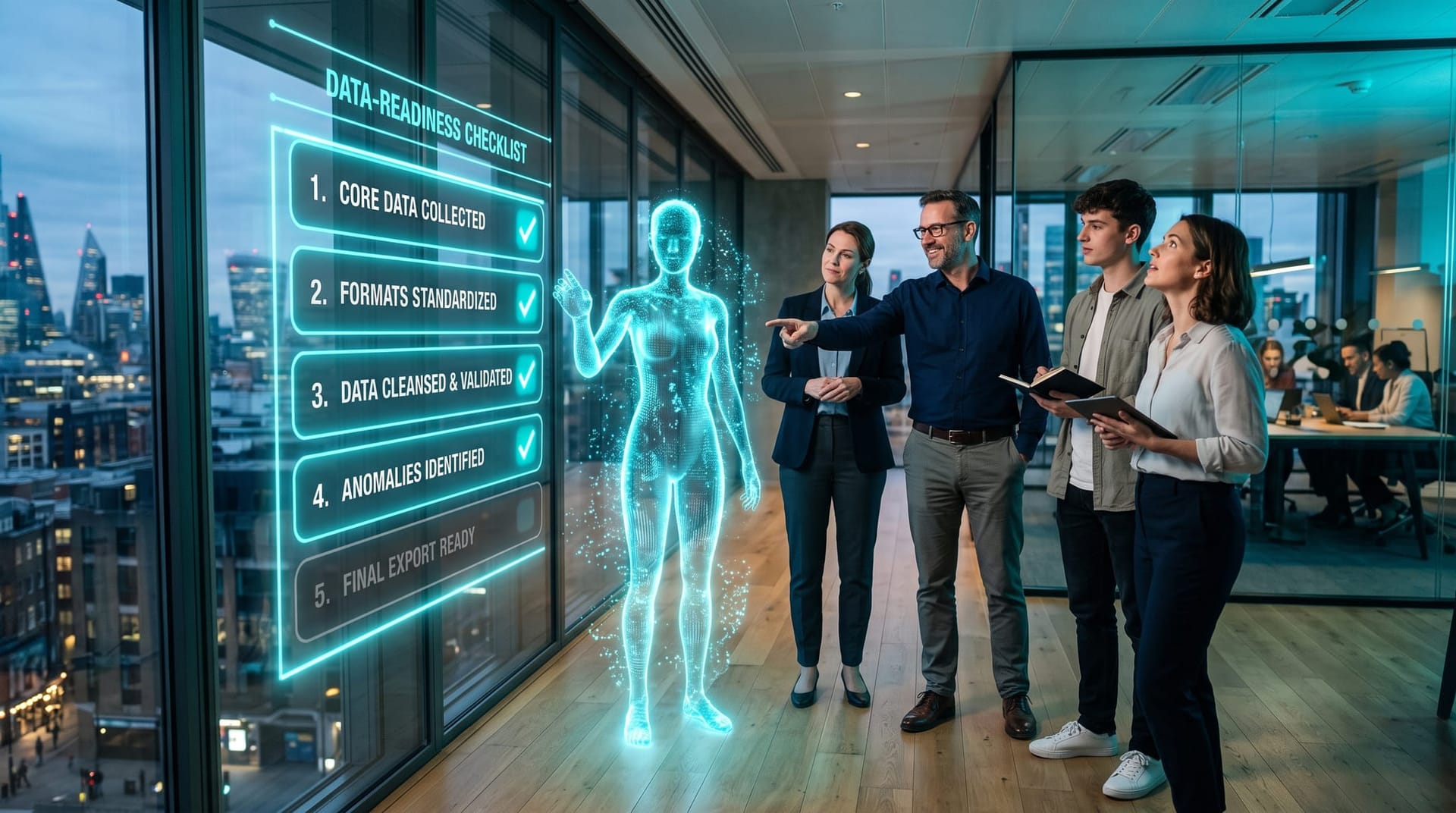 A team and a holographic AI employee walk through a five-step data-readiness checklist mapping each data gap to a concrete remediation.