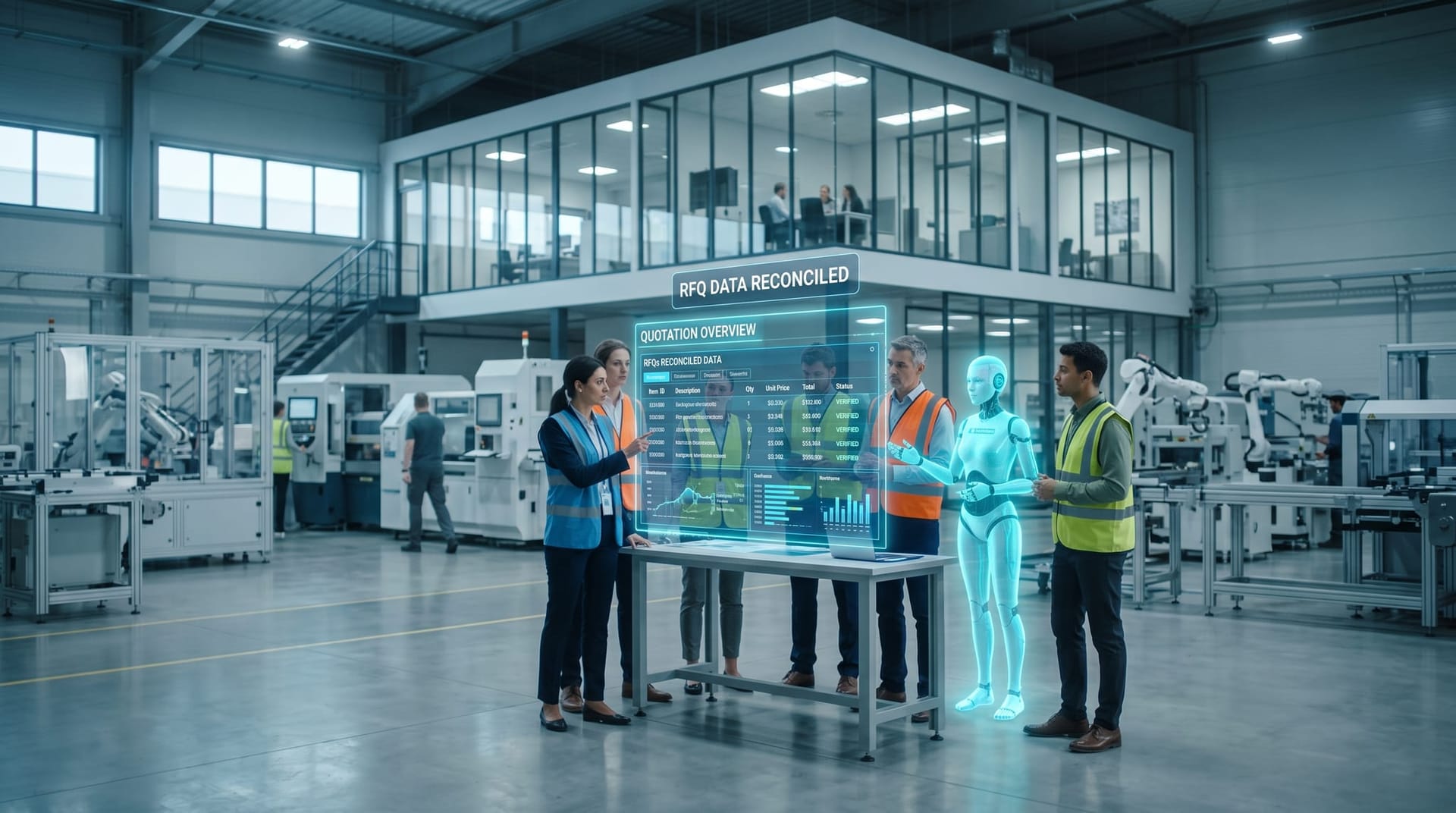 A Northeast Indiana manufacturing team reviews RFQ documents on a holographic display as an AI employee reconciles shop-floor data sources.