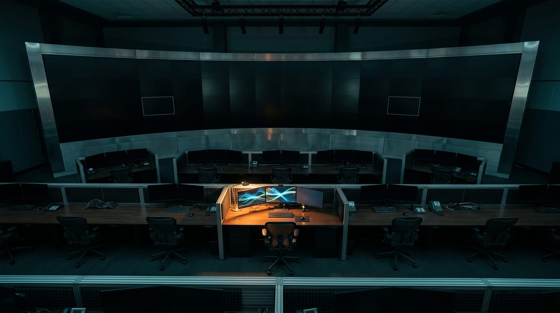Overhead shot of a modern Midwest control room at night with a wall of dark monitors and a single terminal alive with structured data flows, symbolizing the agent-first data stack rebuild for 2026.